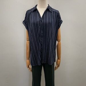 Adrianna Papell Striped Button Front Blouse Short Sleeve Black White Size L